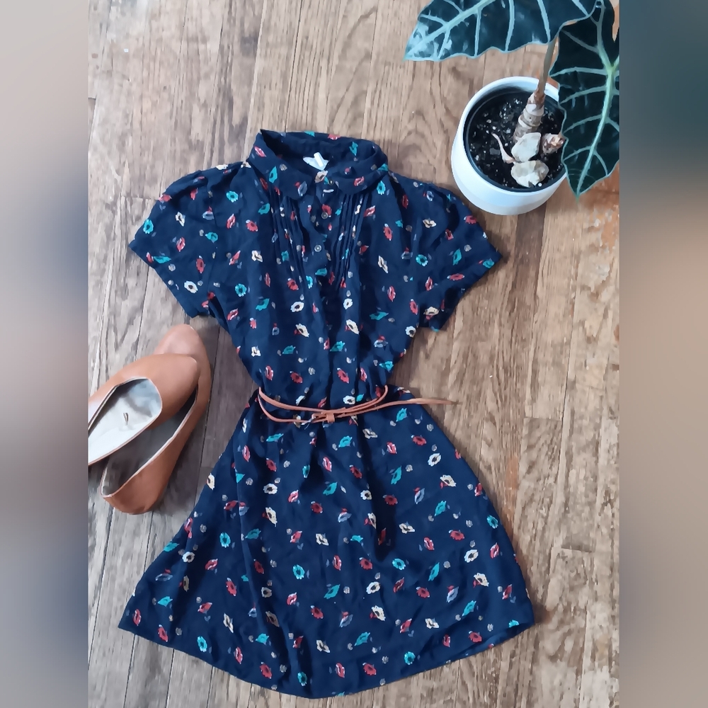 Navy Floral Mini Dress with Belt